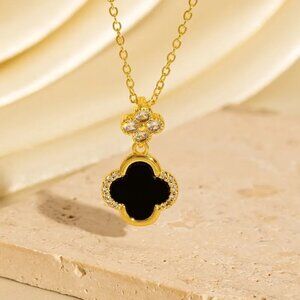 18K Gold Plated Black Quatrefoil Clover Pendant Necklace